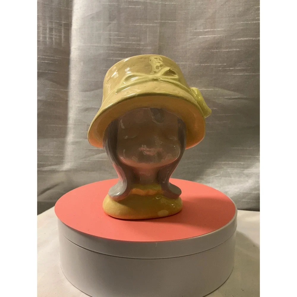 Vintage Ceramic Girl Head Vase Yellow Sun Hat Bow Mid Century Planter Kitsch 5in